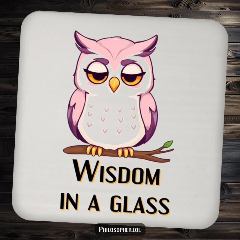 Funny coaster with a contemplative owl stroking its chin, brow furrowed, adding intellect.