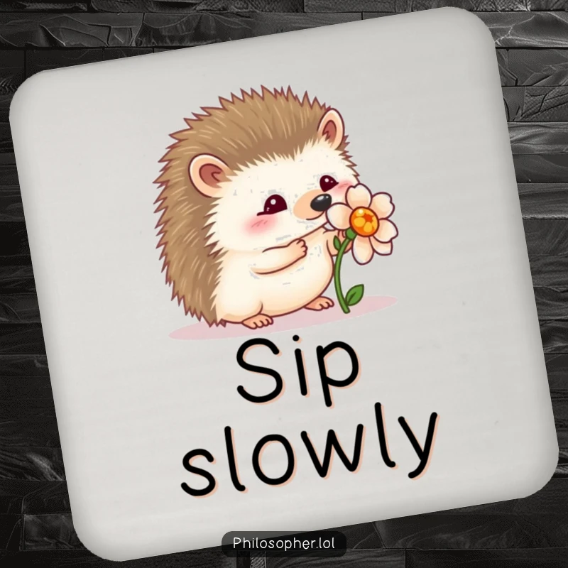 Funny wobbly hedgehog coaster: a protective coaster with a hedgehog wobbling near a flower, symbolizing gentle charm.
