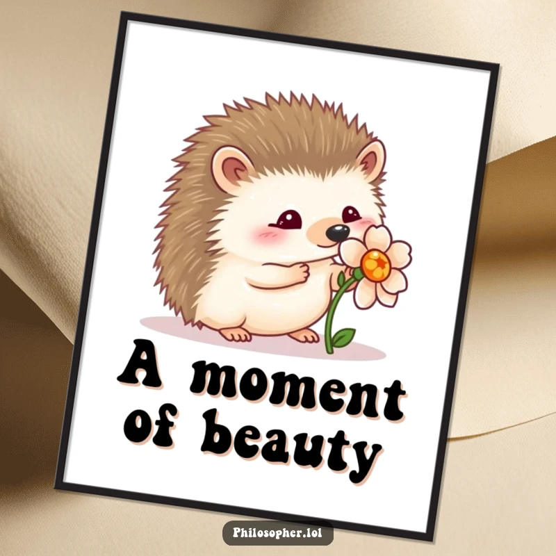 Funny wobbly hedgehog poster: a hedgehog wobbling and admiring a flower, perfect for gentle and charming wall decor.