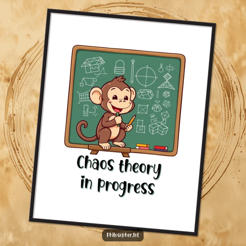 Funny poster of a cheerful monkey sketching complex diagrams on a chalkboard, representing intellect and creativity.