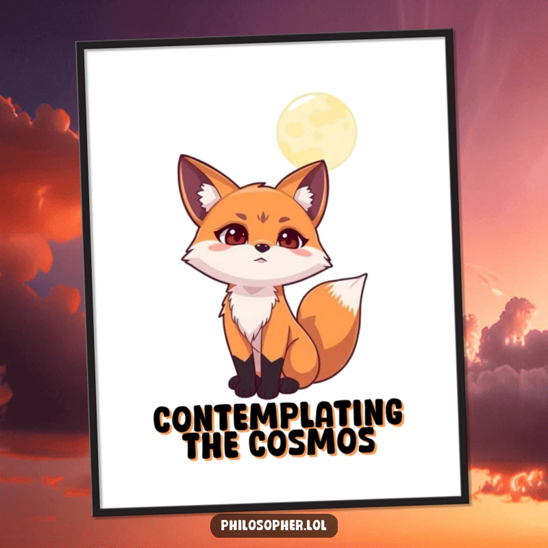 Funny poster art of a determined fox gazing at the moon with intense, humorous contemplation, creating a thoughtful and intriguing scene.