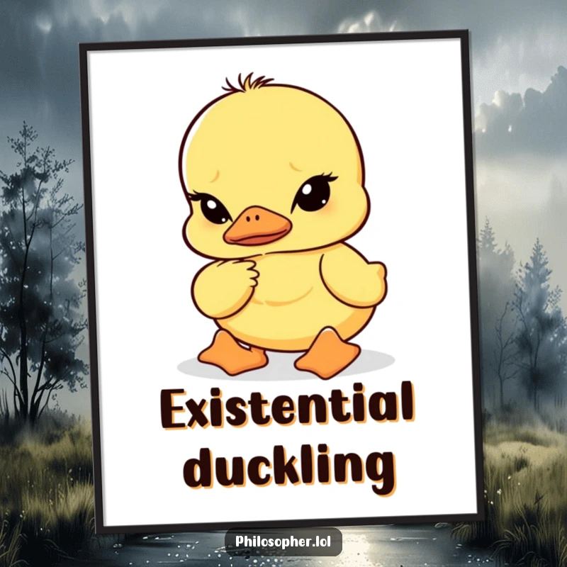 Funny poster of a wobbly duckling with furrowed brows concentrating, creating a humorous and thought-provoking visual for any wall.