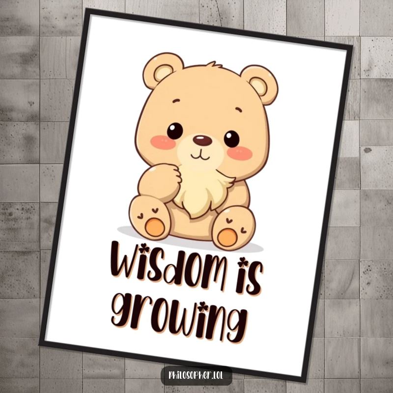 Funny bear stroking beard, wise wall art, contemplative animal illustration, perfect funny gift.