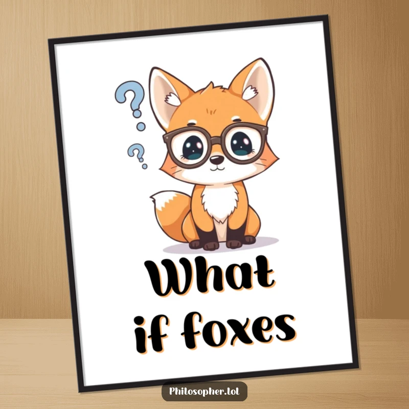 Funny poster featuring a curious fox cub wearing spectacles, gazing at a floating question mark, symbolizing thought and intellectual humor.