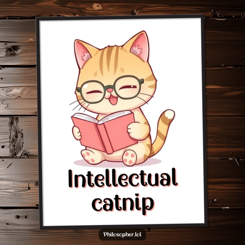 Funny giggling cat spectacles poster, a cat wearing glasses intensely reading a tiny book and giggling.