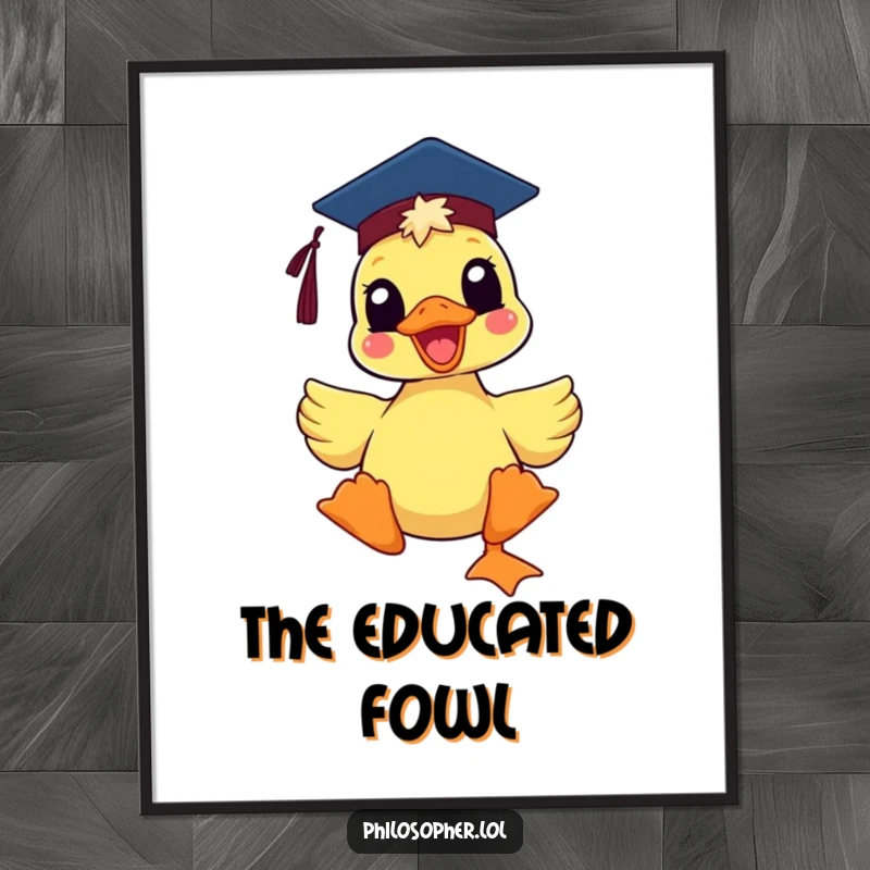 Funny delighted duck wearing a mortarboard hat, looking proud, as quirky wall art, capturing the joy of graduation with humor.