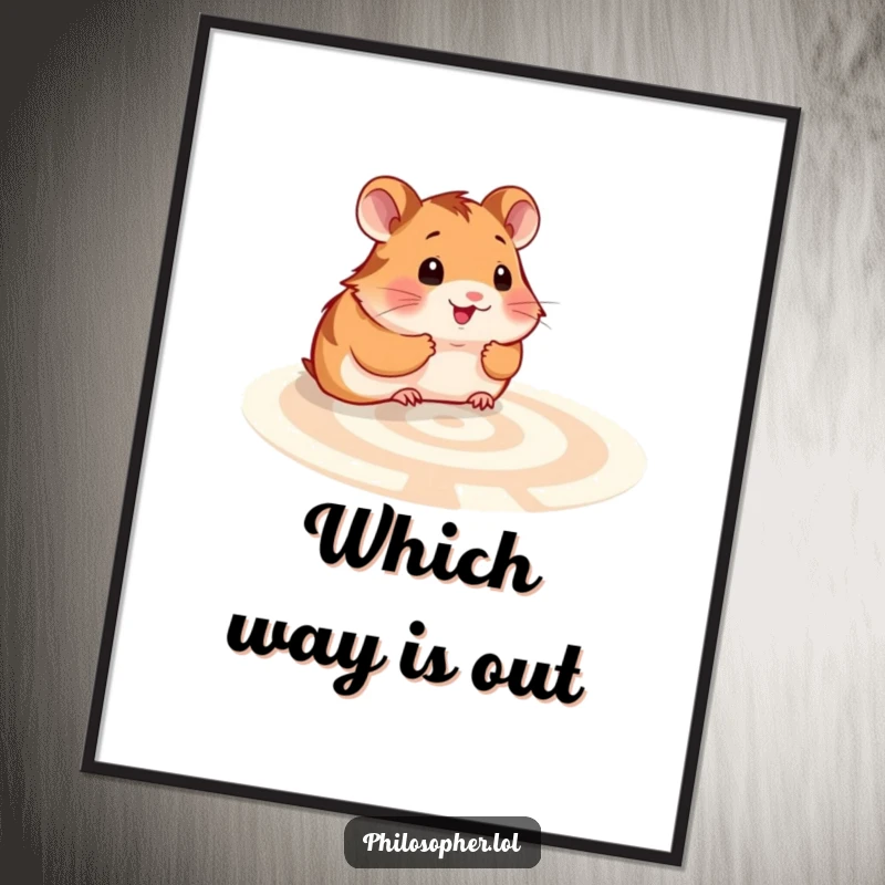 Funny hamster labyrinth poster: a smiling hamster thoughtfully observing a complex maze, suitable for inspirational decor.
