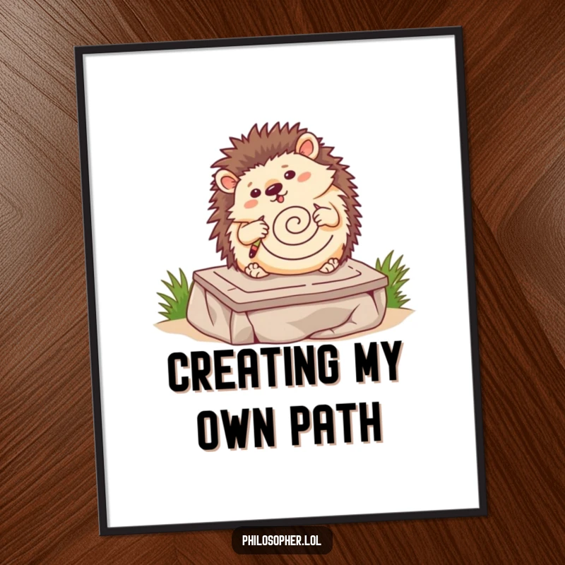 Funny hedgehog poster, wobbling hedgehog drawing a spiral on a stone tablet, quirky art illustration, charming wall decor.