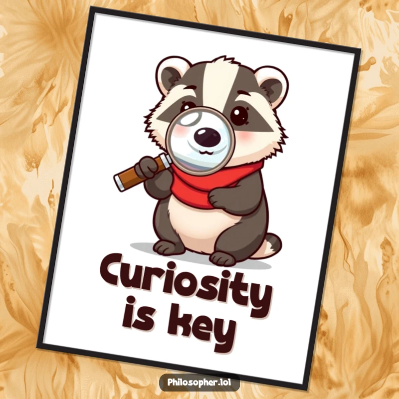 Funny poster portraying a badger holding a magnifying glass, emphasizing a humorous, investigative spirit and a quest for knowledge on your wall.