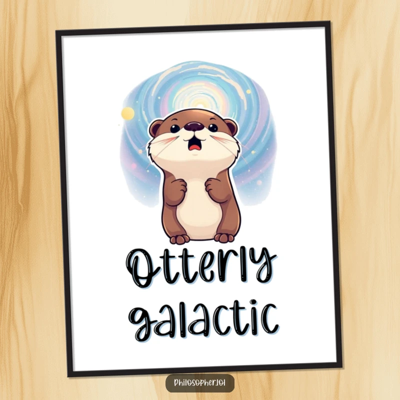Funny poster art of an excited otter gazing at a swirling galaxy, adding a sense of wonder and cosmic exploration to any wall.