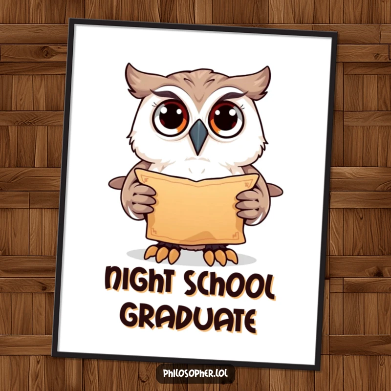 Funny owl with wide eyes, ancient scroll wall art, mysterious animal illustration, perfect funny gift.