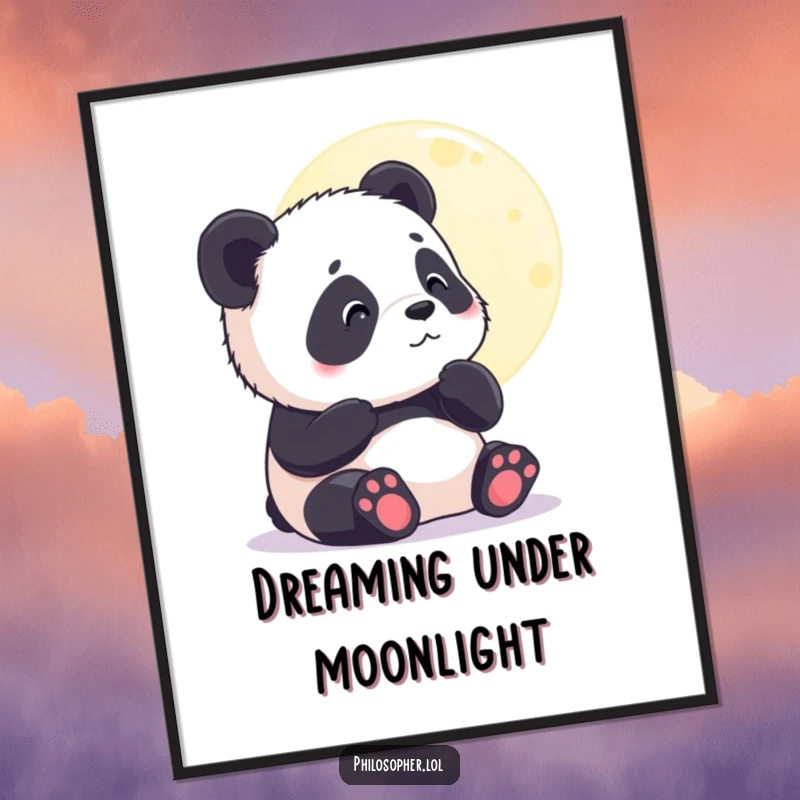 Funny poster art of a contented panda cub thoughtfully gazing at the moon, perfect for serene bedroom decor. Gift.