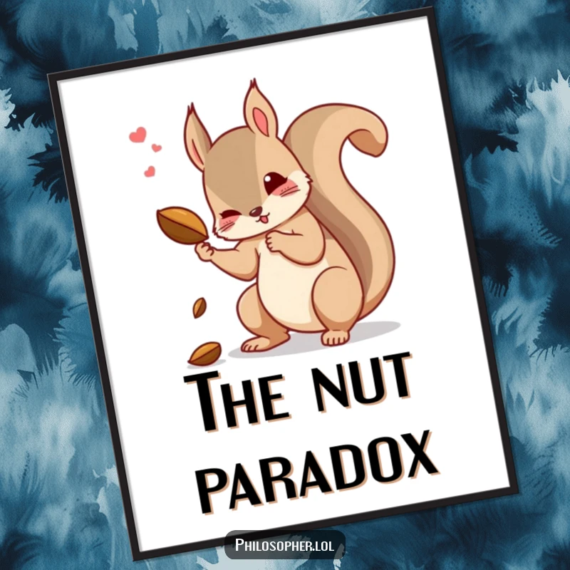 Funny squirrel poster of a dramatic squirrel contemplating the consequence of a falling nut.