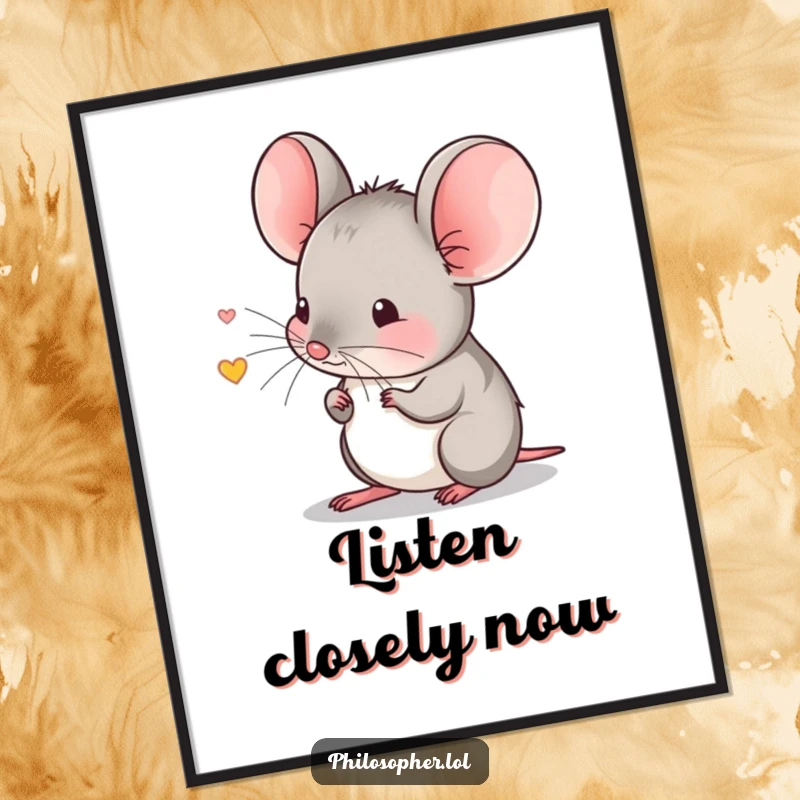 Funny poster showing a shy mouse concentrating, listening carefully to a faint echo, conveying deep thought.