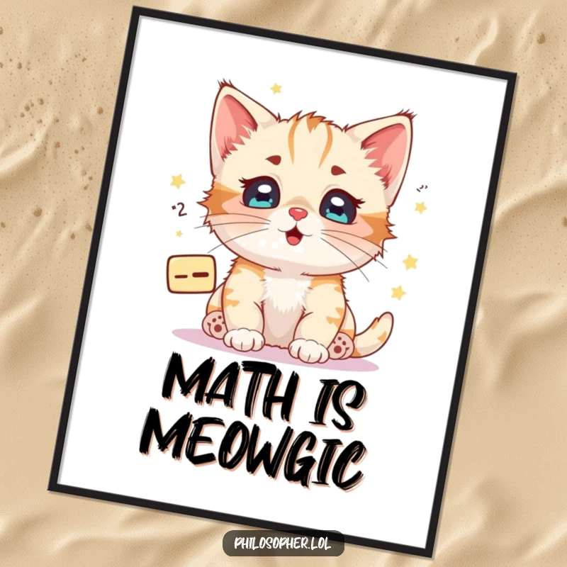 Funny kitten math equation poster, a happy kitten with starry eyes pondering a floating mathematical equation.