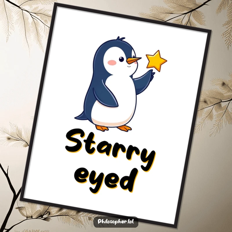 Funny penguin poster of a wise bird pointing at a star, ideal wall art for dreamers.