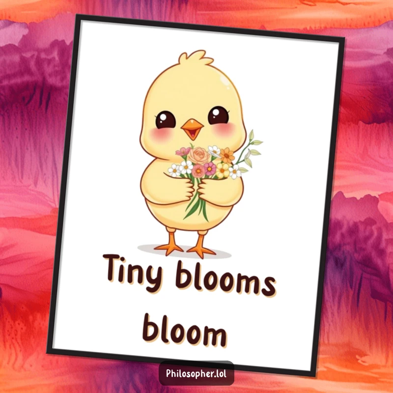 Funny cheerful chick, offering a tiny bouquet of flowers, as quirky wall art, capturing a moment of pure, heartwarming kindness.