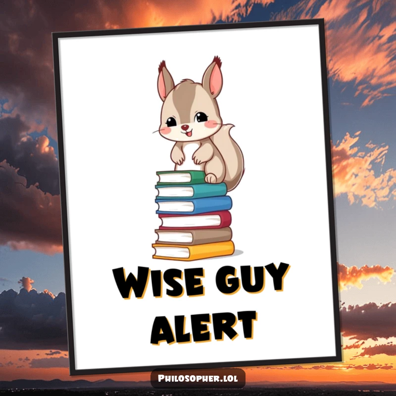 Funny poster featuring a mischievous squirrel artfully balancing a precarious tower of books, adding a humorous touch to home decor.
