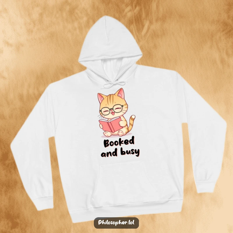 Funny giggling cat spectacles hoodie, a cat with glasses intensely reading a tiny book and giggling with delight.