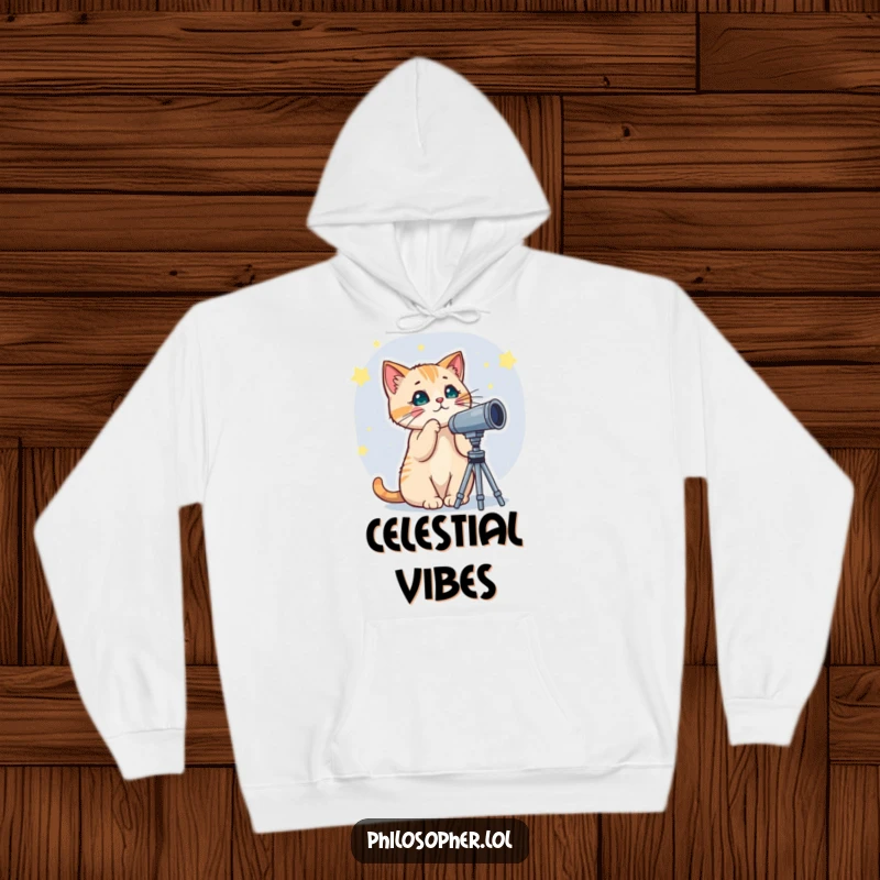 Funny hoodie depicting a curious cat with a telescope, looking up at the starry night sky with a sense of wonder and fascination.