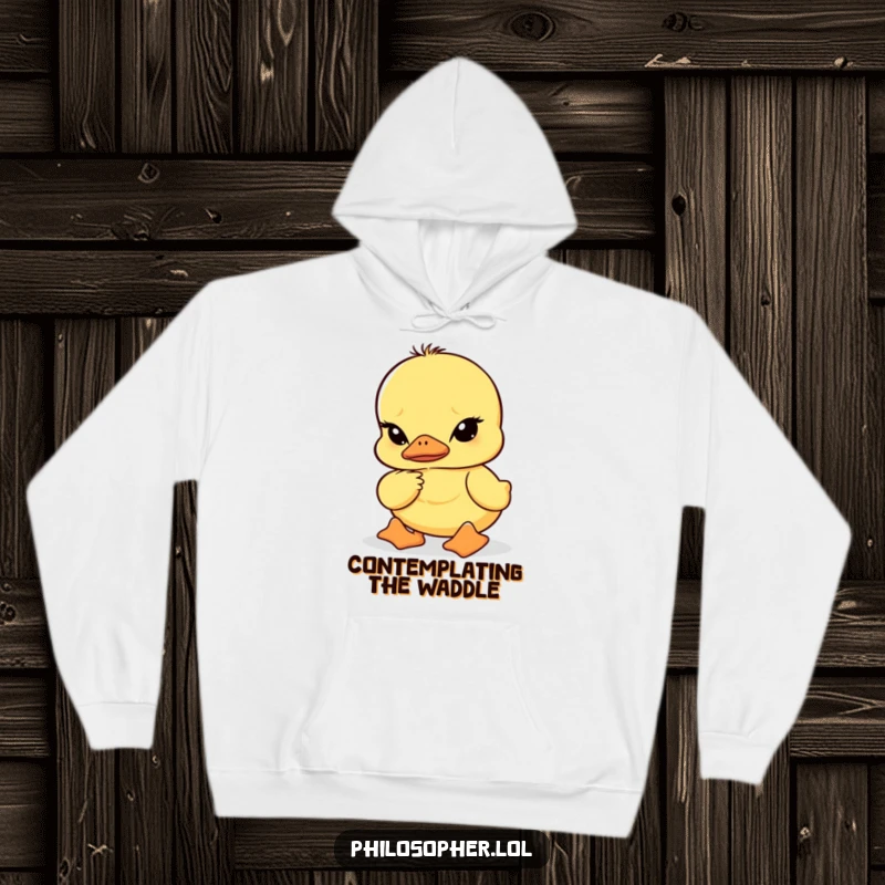 Funny hoodie illustration of a duckling with furrowed brows in deep thought, bringing cozy comfort and intellectual humor.