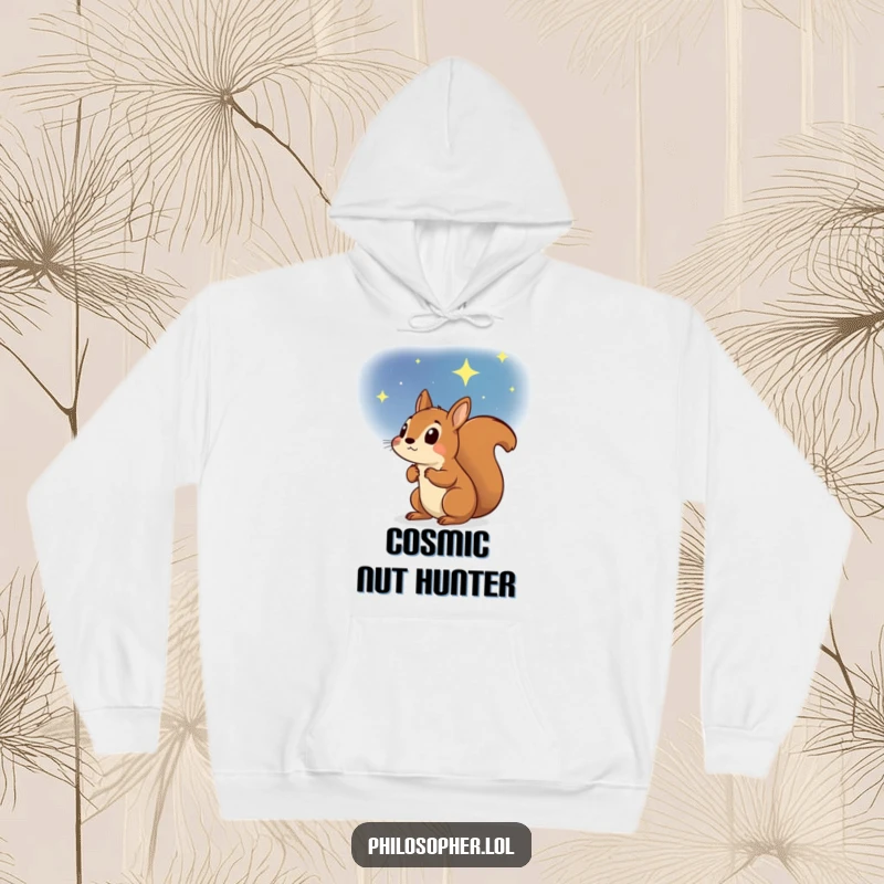 Funny hoodie with a determined squirrel gazing upwards at a vast, star-filled sky, symbolizing ambition, wonder, and the pursuit of dreams.