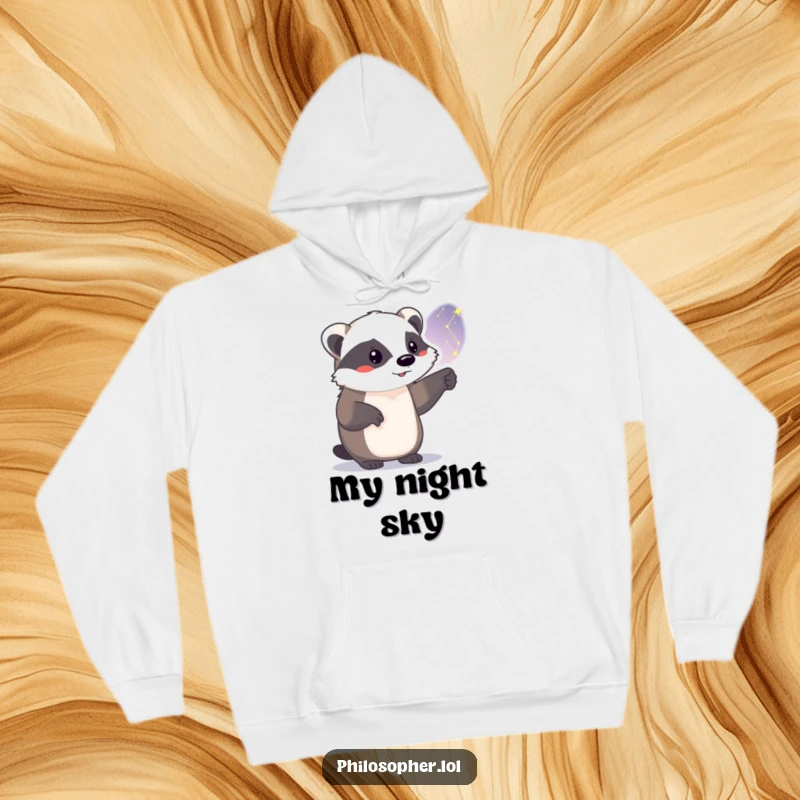 Funny badger hoodie, cozy, proud animal pointing at constellations, warm night sky apparel, humorous design.