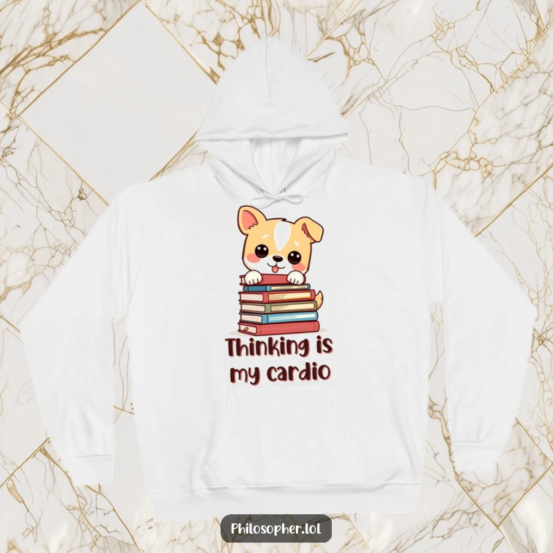 Funny dog wearing a thoughtful expression, balancing a jumbled stack of philosophy books, perfect for cozy intellectual humor.