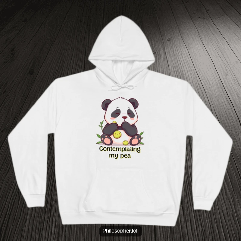 Funny hoodie showcasing a panda deep in thought over a single pea, bringing cozy humor and a smile to the wearer.