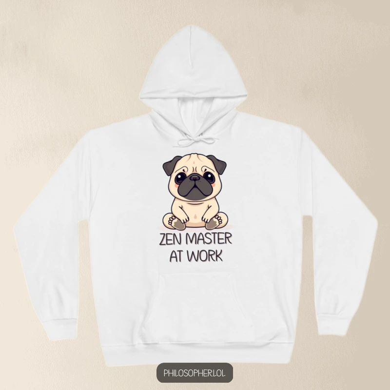 Funny Pug Meditation Hoodie showcasing a peaceful pug in a meditative pose, exuding tranquility and good vibes, a cozy treat.