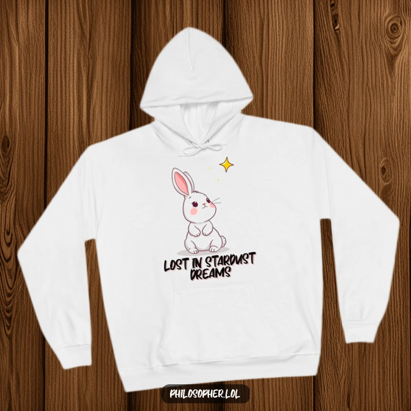 Funny rabbit hoodie showcasing a cute bunny looking up at a twinkling star, perfect for cozy, humorous evenings.