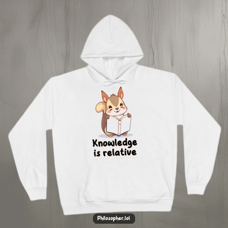 Funny hoodie featuring a playful squirrel holding a tiny book upside down, ideal for bookish comfort and laughs.