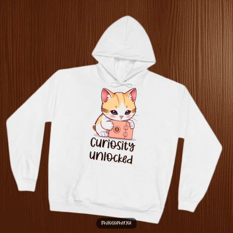 Funny cat hoodie featuring a curious cat trying to unlock a tiny box, offering cozy warmth and intriguing humor.