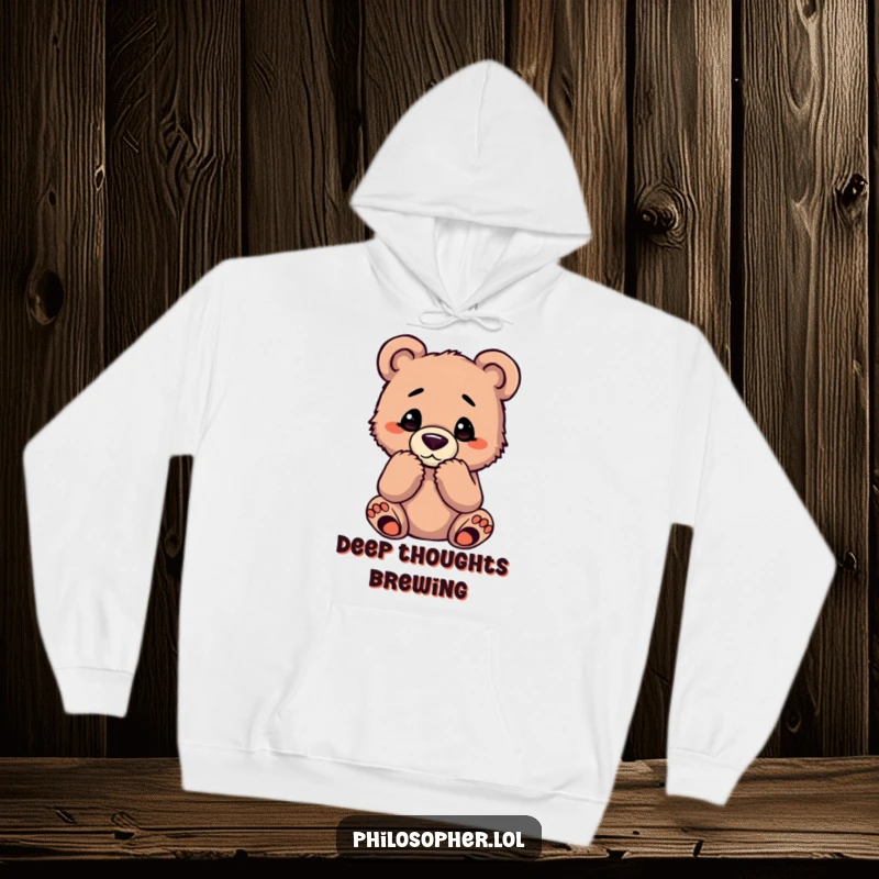 Funny bear cub hoodie showing a pensive cub in a famous thinking pose, ideal for cozy contemplation.
