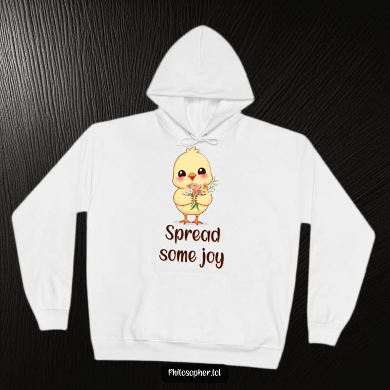 Funny cheerful chick, offering a bouquet of flowers, depicted on a warm hoodie, providing comfort and a touch of sweet charm.