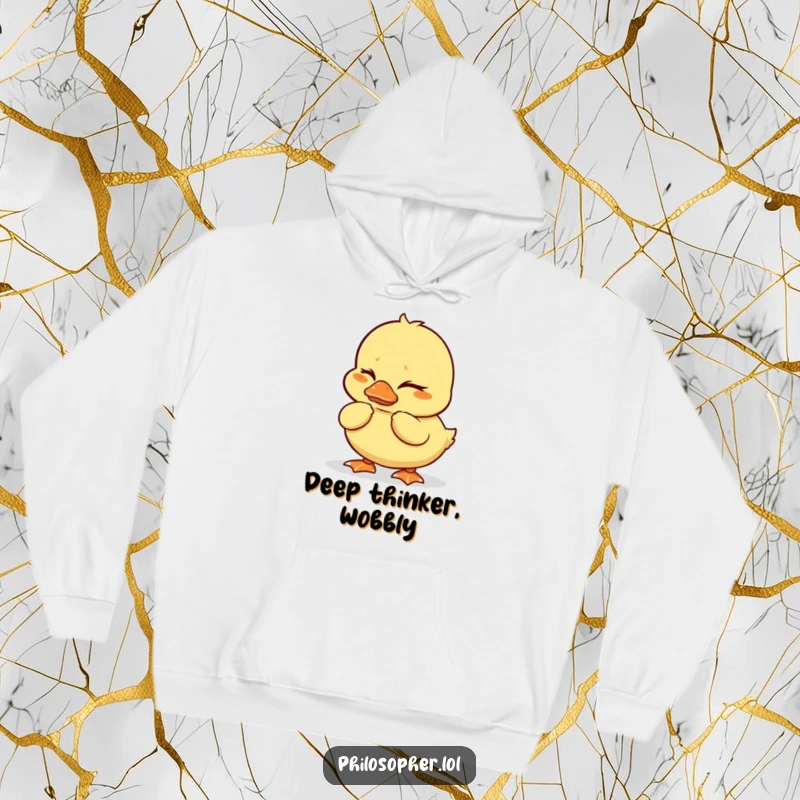 Funny duckling hoodie featuring a wobbly duckling with furrowed brows, deep in thought, offering cozy and humorous warmth.