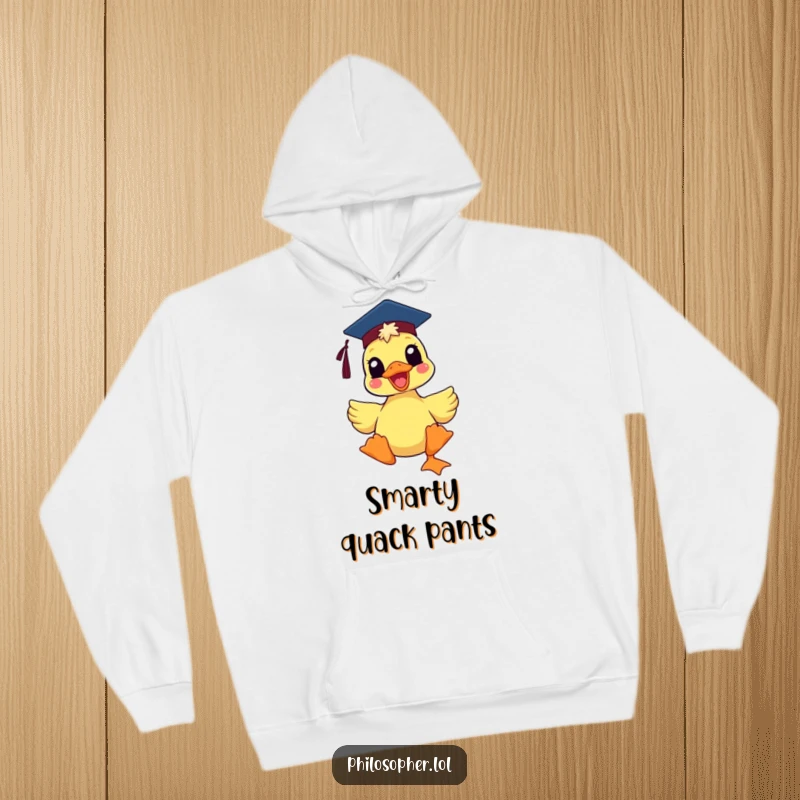 Funny delighted duck wearing a mortarboard hat, on a warm hoodie, offering cozy comfort and a humorous nod to education.
