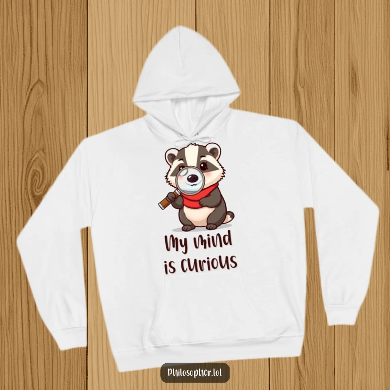 Funny hoodie with a badger holding a magnifying glass, suggesting a humorous search for clues and deep thought, perfect for cozy days.