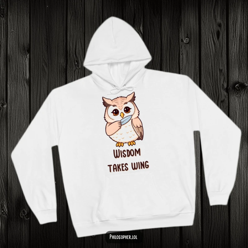 Funny owl hoodie featuring a thoughtful owl stroking its chin, offering warmth and a touch of intellectual humor.