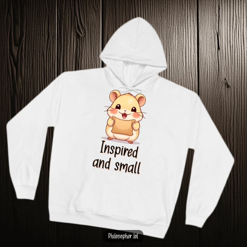 Funny hoodie featuring a beaming hamster holding a tiny scroll, looking inspired, providing cozy warmth and motivational humor.