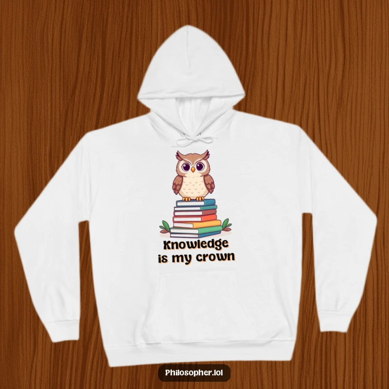 Funny owl hoodie featuring a proud owl presiding over a heap of books, offering warmth and intellectual charm.