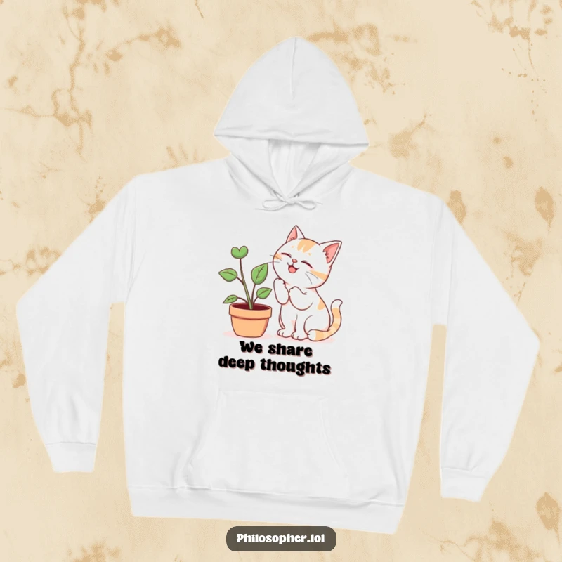 Funny Hoodie: A soft hooded sweatshirt depicting a giggling cat sharing secrets with a potted plant, a humorous and cozy design.