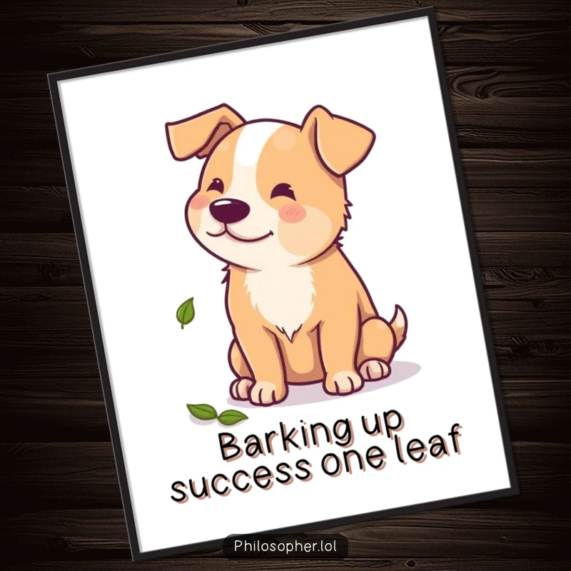 Funny Free Printable Wall Art: A beaming dog philosophically observing a solitary leaf, adding witty charm to any room.