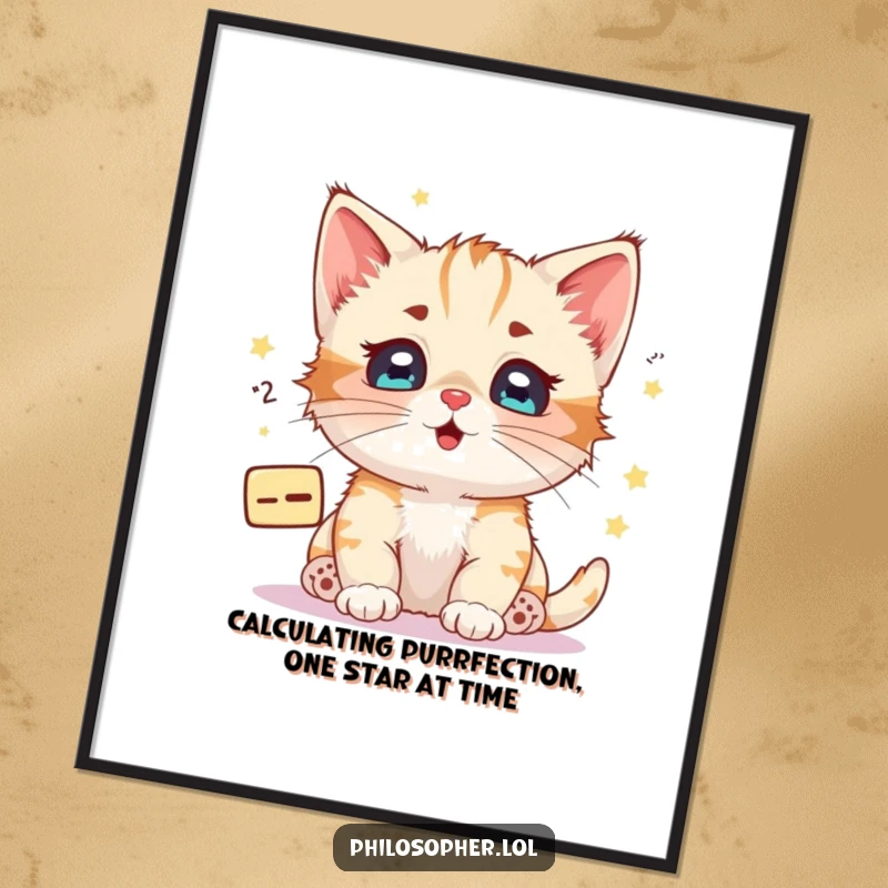 Funny free printable wall art of a happy kitten with starry eyes pondering a floating mathematical equation. Whimsical educational art.