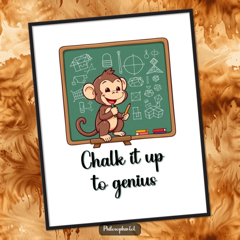 Funny Free Printable Wall Art: A cheerful monkey sketching complex, scientific diagrams on a chalkboard.