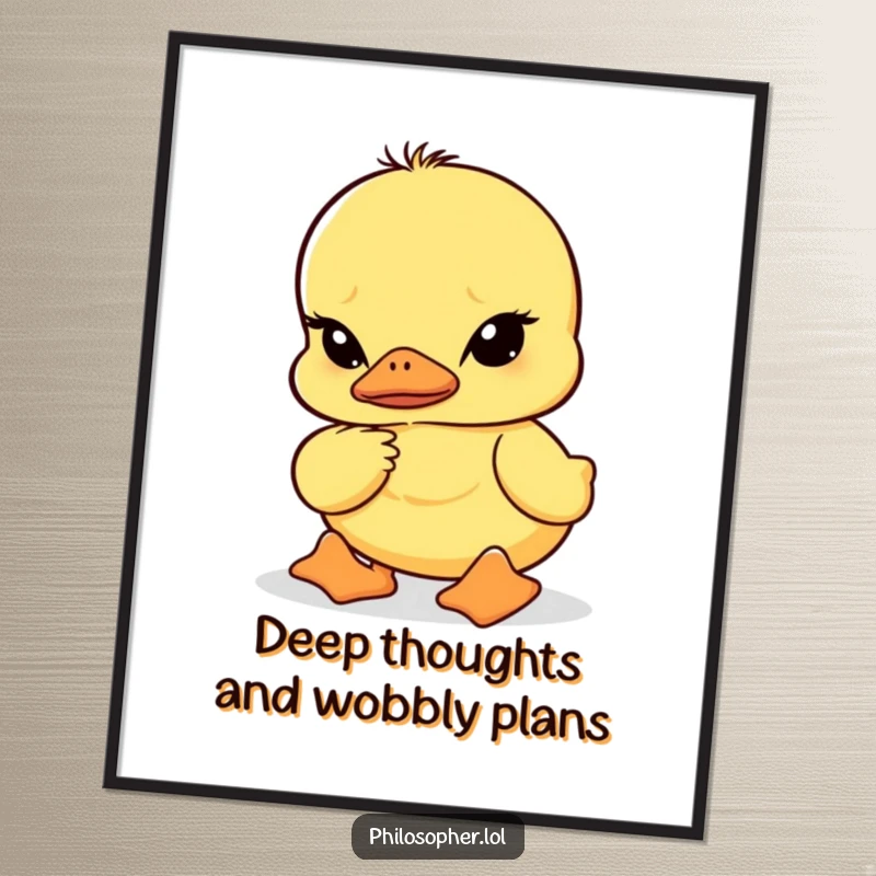 Funny Free Printable Wall Art: A wobbly duckling thinks deeply with furrowed brows, a humorous pondering scene.