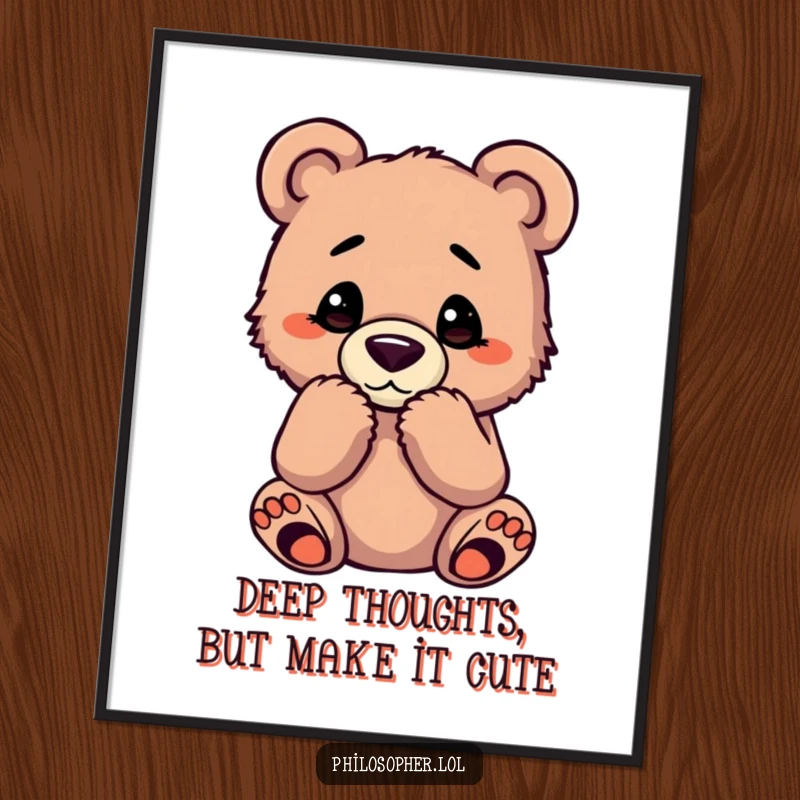 Funny Free Printable Wall Art of a bear cub striking a classic thinking pose, brow furrowed, contemplating the universe.