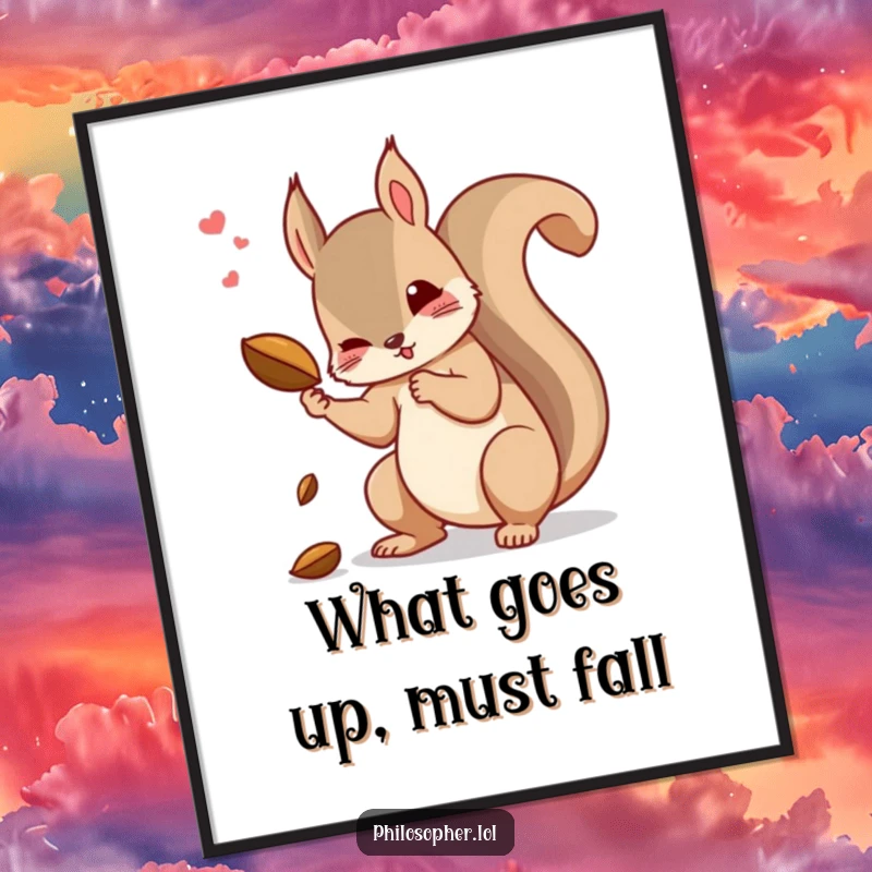 Funny Free Printable Wall Art of a squirrel dramatically dropping a nut, its expression one of deep contemplation on causality.