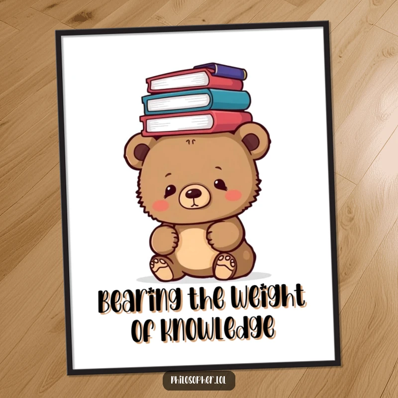 Funny Free Printable wall art: A curious bear cub sits with a stack of philosophy books precariously balanced on its head.