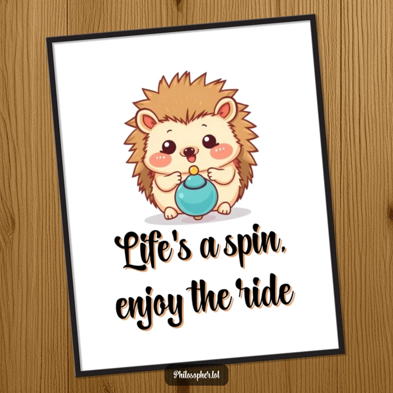 Funny Free Printable Hedgehog Wall Art depicting a hedgehog contemplating a spinning top, perfect downloadable art.